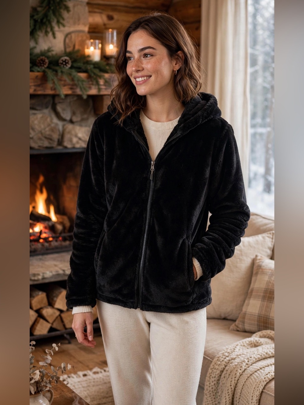32 Degrees Heat Black Faux Fur Plush Zip Hooded Jacket NWT Womens L Cozy Warm